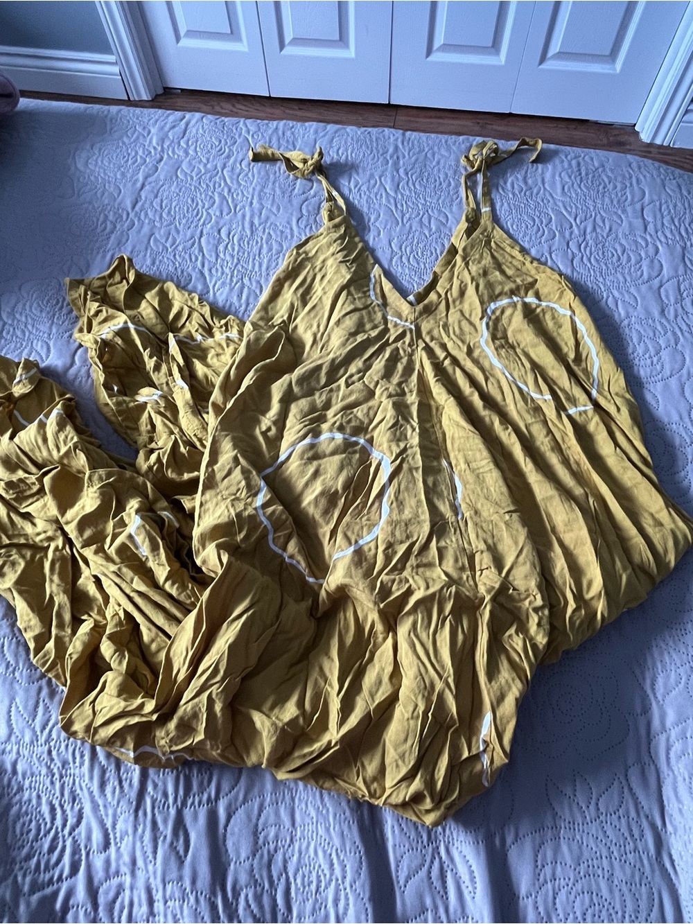 Bali Mustard Yellow Tie-Shoulder Wide-Leg Jumpsuit with White Circles